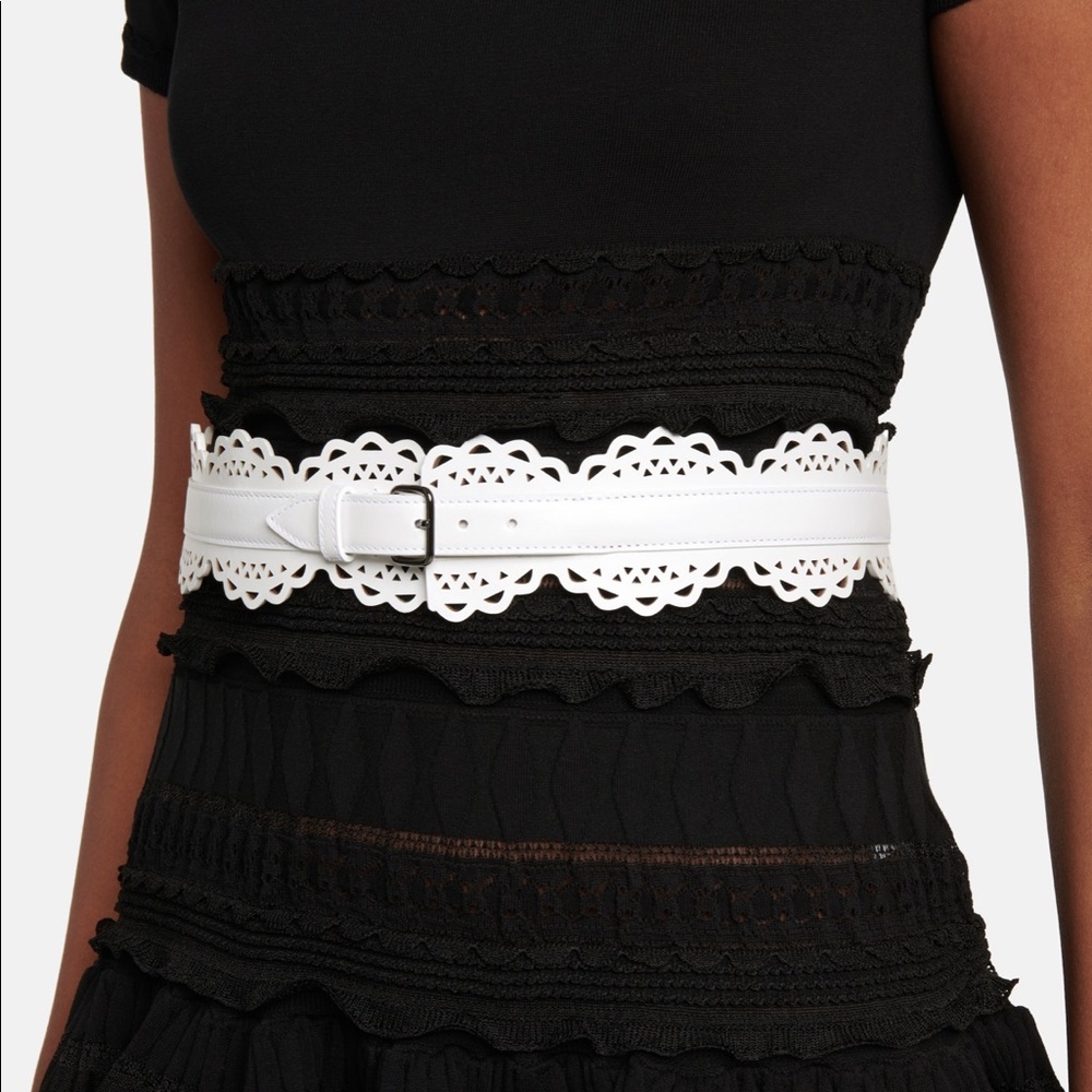 Alaia white leather belt laser cut lace thick belt